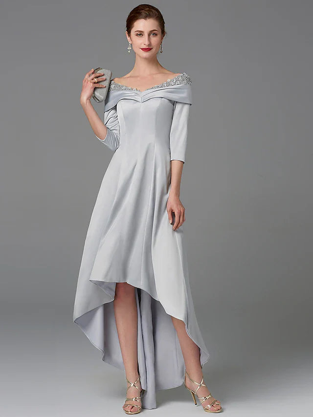 Wholesale A-Line Mother of the Bride Dress Sparkle & Shine High Low Off Shoulder Asymmetrical Satin Half-Sleeve with Lace Crystals